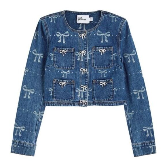 Self Portrait Blue Bow Print Embellished Cropped ShortJacket USA Size 10 - Picture 2 of 15